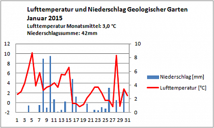 Verlauf von Niederschlag und Temperatur am Campus Heide-Sd im Januar 2015