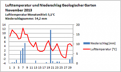Verlauf von Niederschlag und Temperatur am Campus Heide-Sd im November 2013