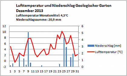 Verlauf von Niederschlag und Temperatur am Campus Heide-Sd im Dezember 2013