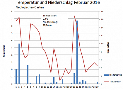 Verlauf von Niederschlag und Temperatur am Campus Heide-Sd im Februar 2016