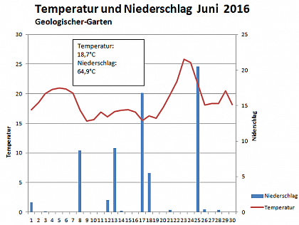 Verlauf von Niederschlag und Temperatur am Campus Heide-Sd im Juni 2016
