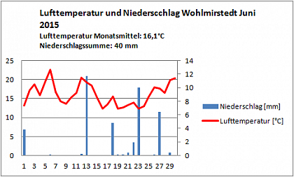 Verlauf von Niederschlag und Temperatur in Wohlmirstedt im Juni 2015