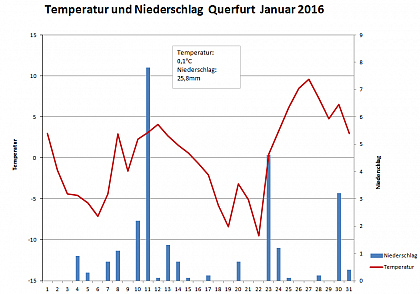 Verlauf von Niederschlag und Temperatur am Obsthof-Querfurt im Januar 2016