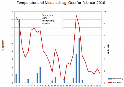 Verlauf von Niederschlag und Temperatur am Obsthof-Querfurt im Febrauar 2016