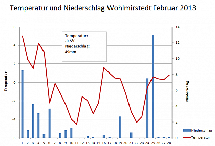 Verlauf von Niederschlag und Temperatur in Wohlmirstedt im Februar 2013