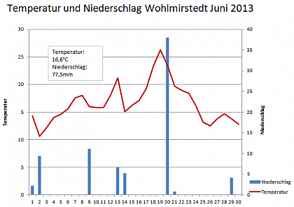 Verlauf von Niederschlag und Temperatur in Wohlmirstedt im Juni 2013